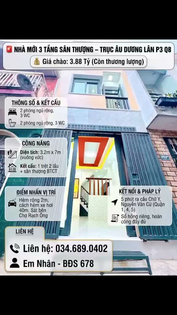 📌 NHÀ 3 TẦNG SÂN THƯỢNG ÂU DƯƠNG LÂN P3 Q8 GIÁ 3 ĐỒNG 880 - SÁT HẺM XE HƠI - MỚI TINH Ở NGAY - ảnh 2